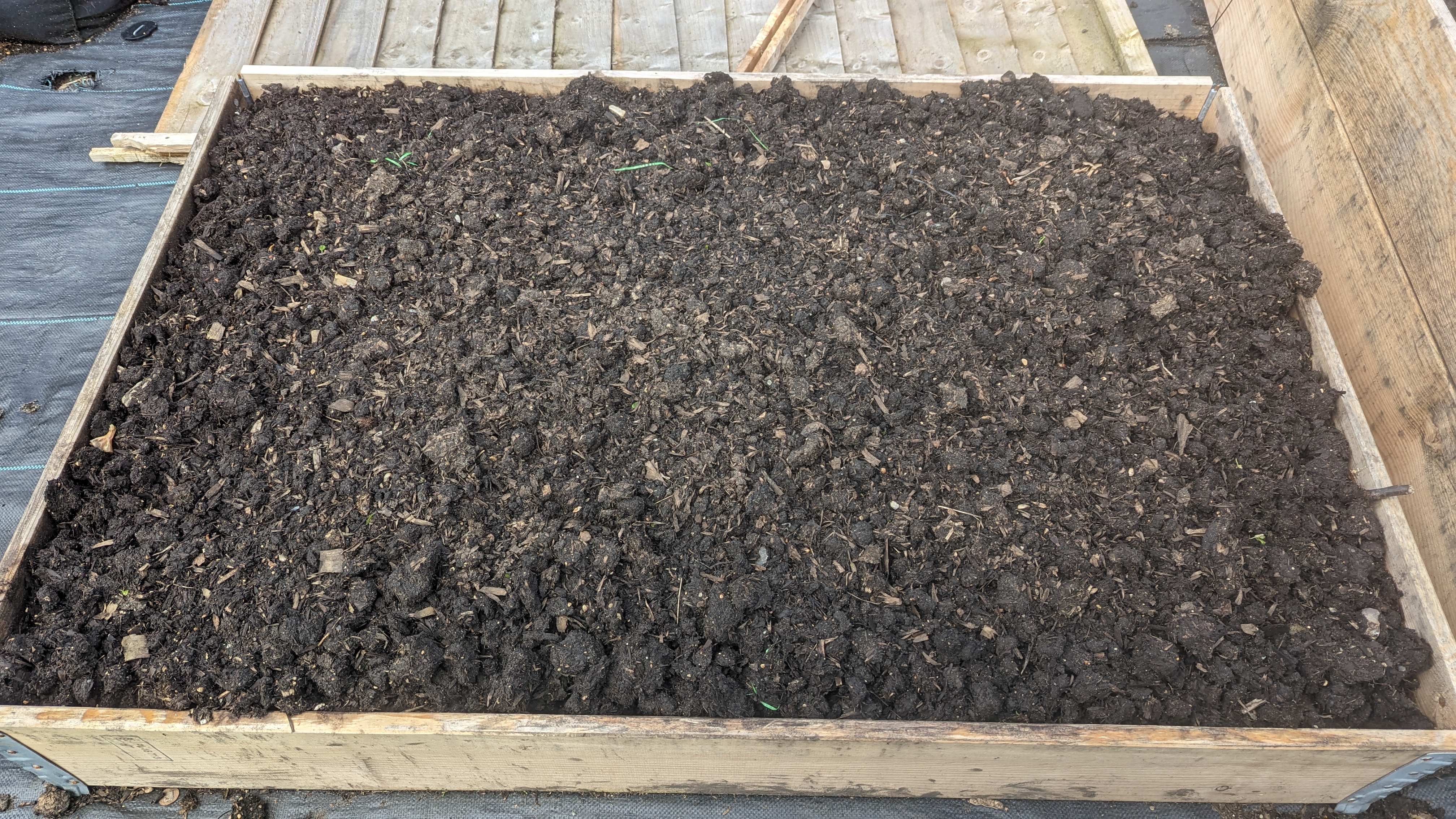 A large 1 meter by 1 and a half meter planter filled with soil.